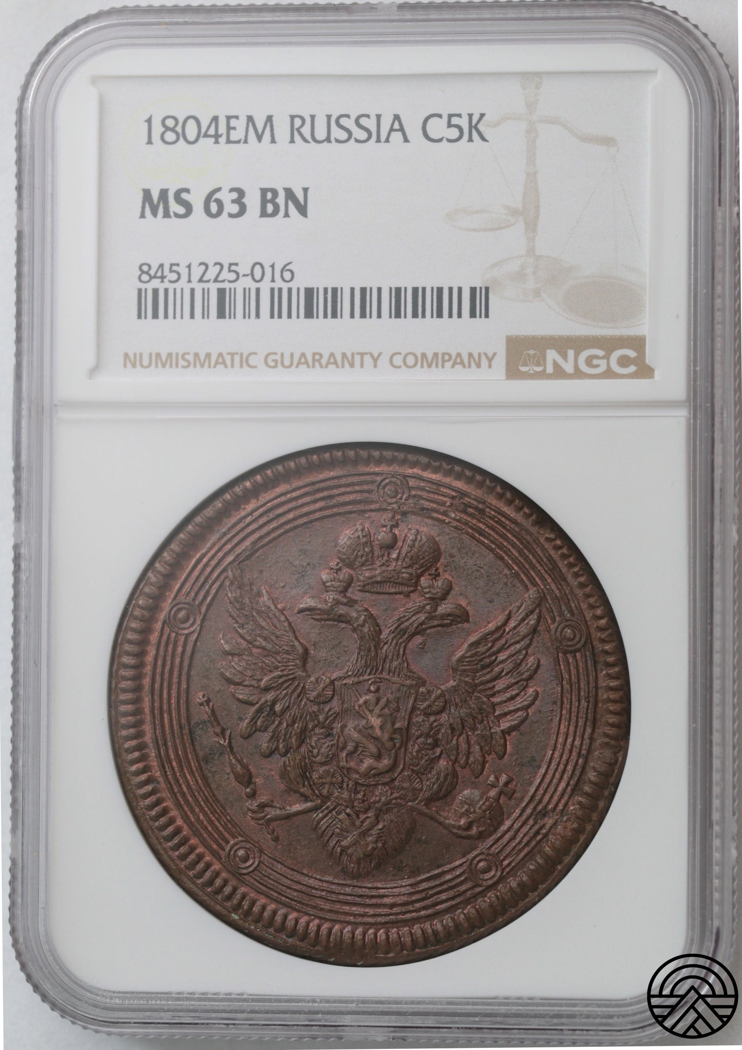 Rosja, Aleksander I, 5 Kopiejek, 1804 EM, NGC-MS 63 BN
