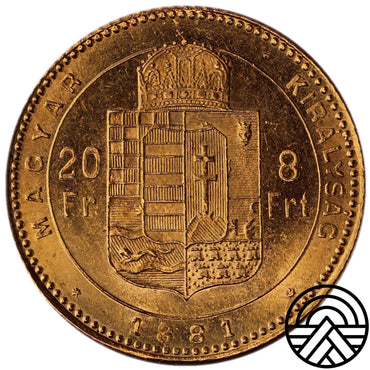 Węgry, 20 Franków - 8 Forintów 1881 r. Rzadszy!