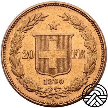 Szwajcaria, 20 Franków, 1890 r. Rzadszy rocznik!