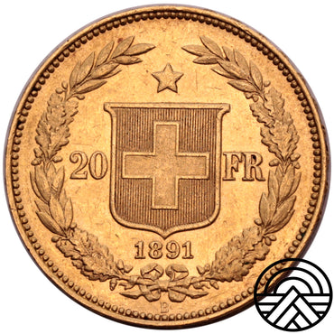 Szwajcaria, 20 Franków, 1891 r. Rzadszy rocznik!