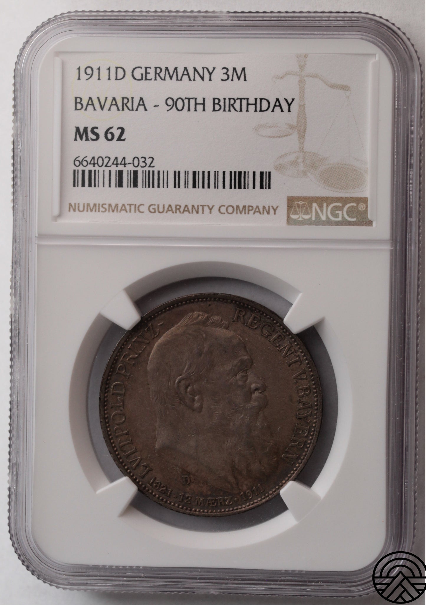 Niemcy, Bawaria, 3 Marki, 1911 r. NGC MS 62