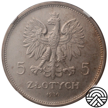Polska, 5 Złotych, 1930 r. Sztandar NGC MS 62