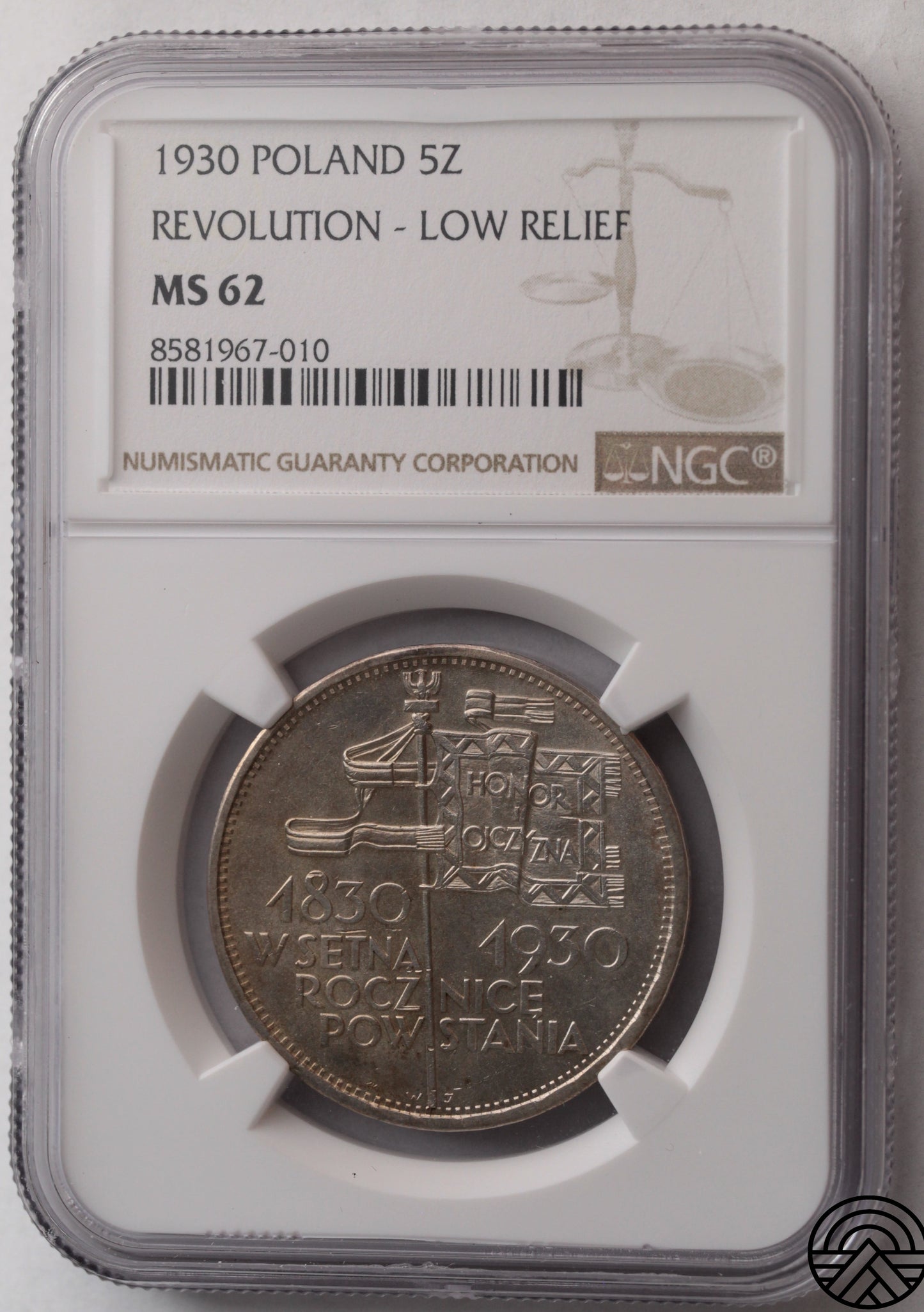 Polska, 5 Złotych, 1930 r. Sztandar NGC MS 62
