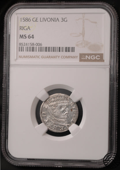 Polska, Stefan Batory, Trojak, 1586 r. Ryga NGC MS64
