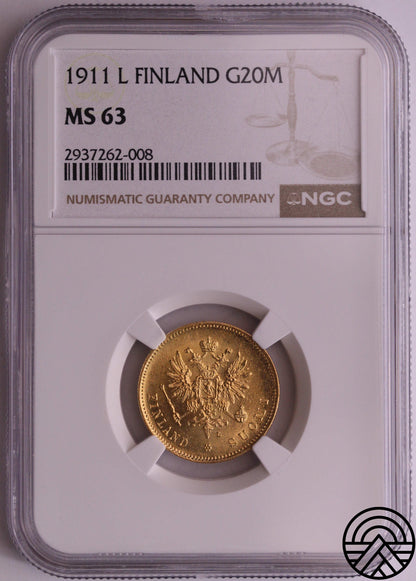 Finlandia, 20 Markkaa 1911 r. NGC MS 63