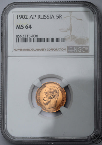 Rosja, Mikołaj II, 5 Rubli, 1902 r. NGC MS 64