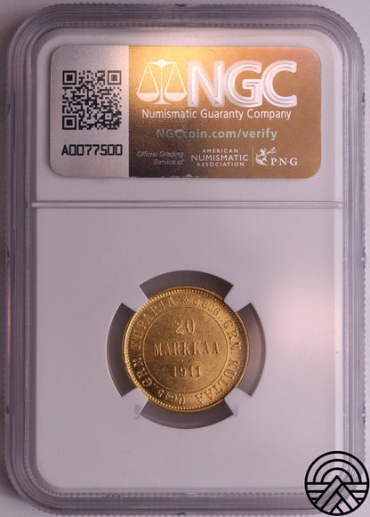 Finlandia, 20 Markkaa 1911 r. NGC MS 63