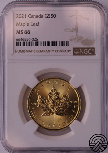 Kanada, 50 Dolarów 2021 r. "Liść Klonu" 1 Oz Au 999 NGC MS 66