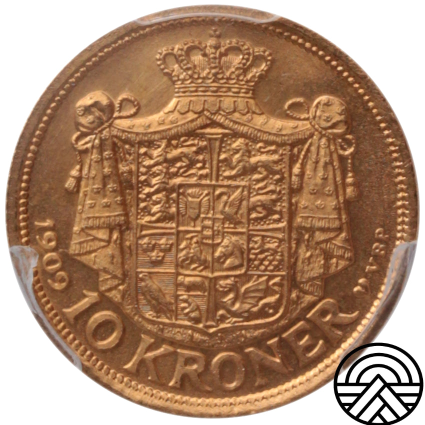 Dania, Fryderyk VIII, 10 Koron, 1909 r. Rzadsza! PCGS MS 65