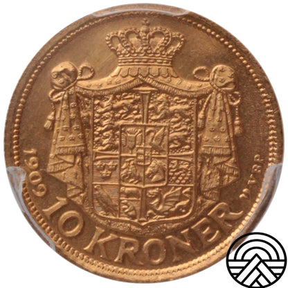 Dania, Fryderyk VIII, 10 Koron, 1909 r. Rzadsza! PCGS MS 65