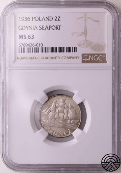 Polska, 2 Złote, 1936 r. Gdynia NGC MS 63
