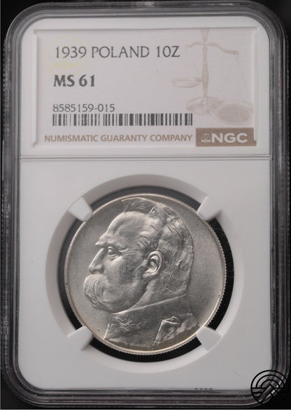 Polska, 10 Złotych, 1939 r. Piłsudski NGC MS 61