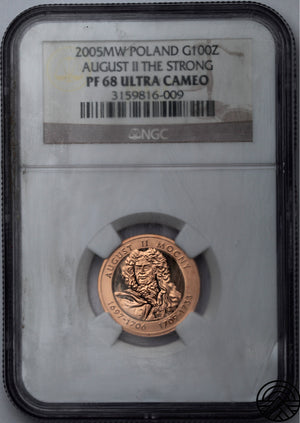 Polska, 100 Złotych, 2005 r. August II Mocny NGC PF68