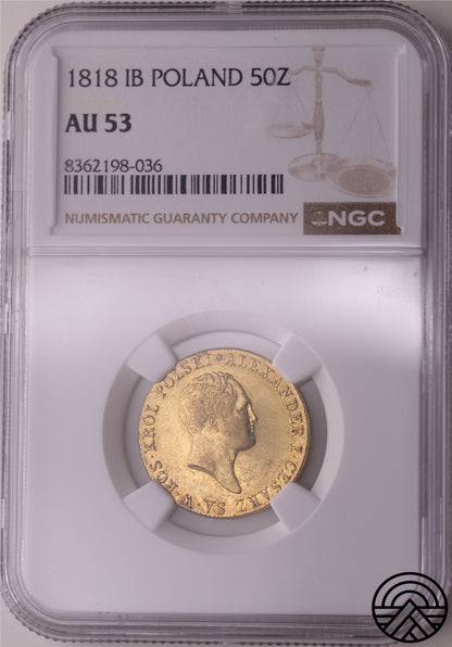 Polska, 50 Złotych 1818 r. NGC-AU 53