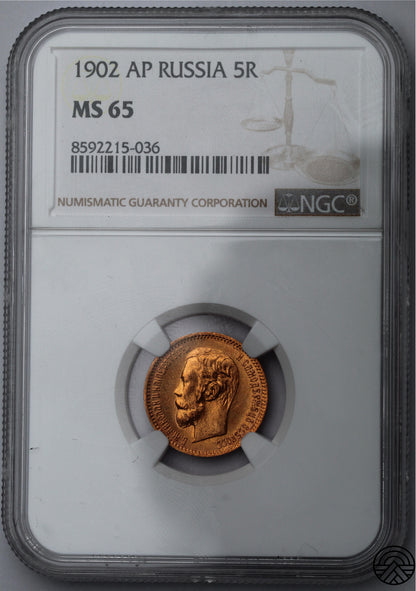 Rosja, Mikołaj II, 5 Rubli, 1902 r. NGC MS 65