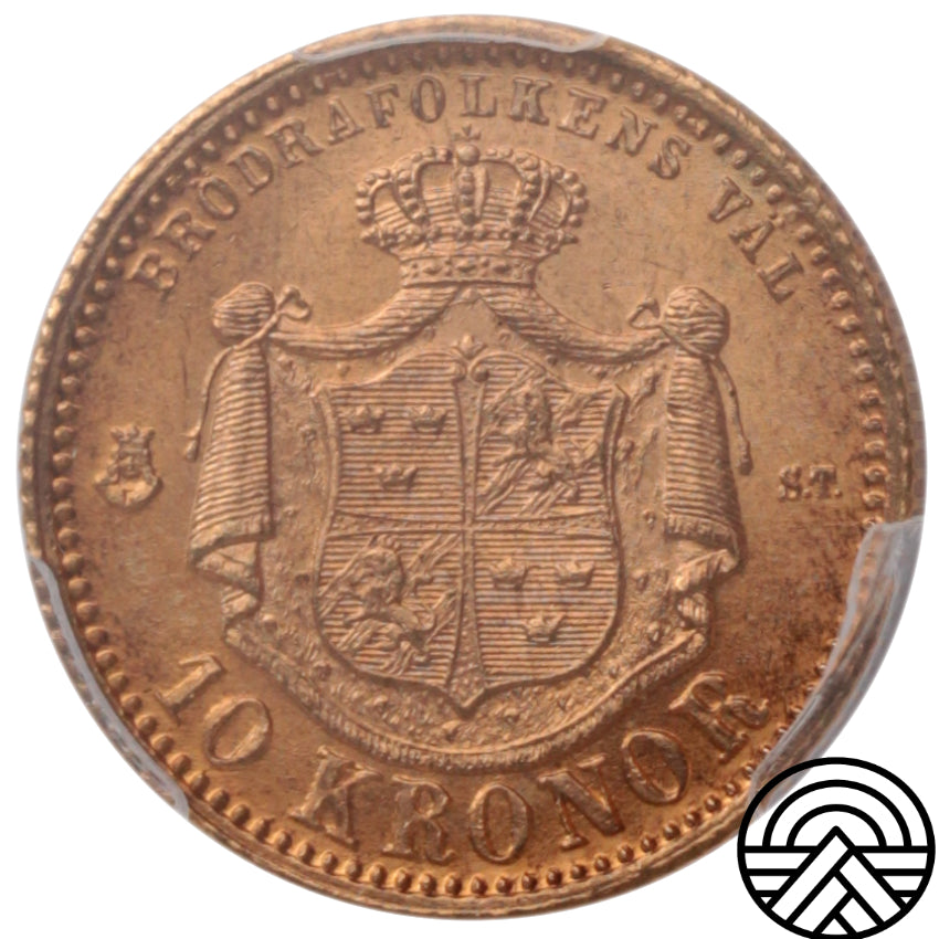 Szwecja, Oskar II, 10 Koron, 1874 r. PCGS MS 66