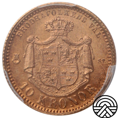 Szwecja, Oskar II, 10 Koron, 1874 r. PCGS MS 66