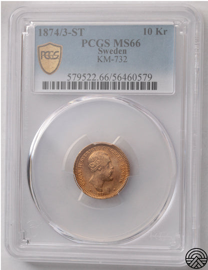 Szwecja, Oskar II, 10 Koron, 1874 r. PCGS MS 66