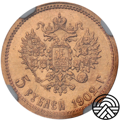 Rosja, Mikołaj II, 5 Rubli, 1902 r. NGC MS 65