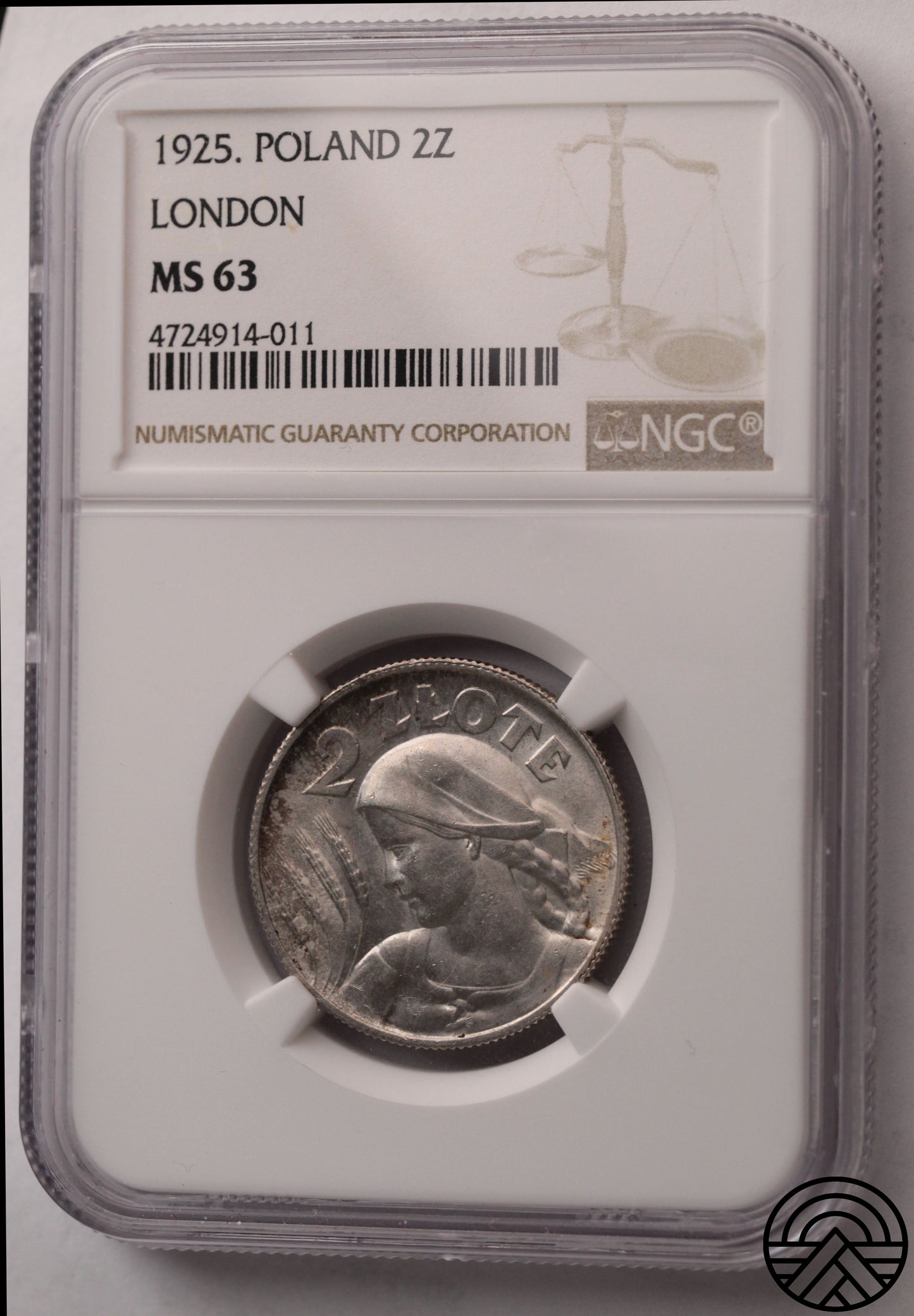 Polska, 2 Złote, 1925 r. Kłosy - Londyn, NGC MS 63