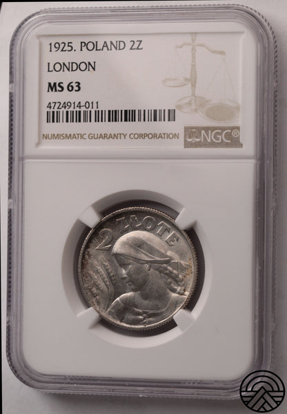 Polska, 2 Złote, 1925 r. Kłosy - Londyn, NGC MS 63