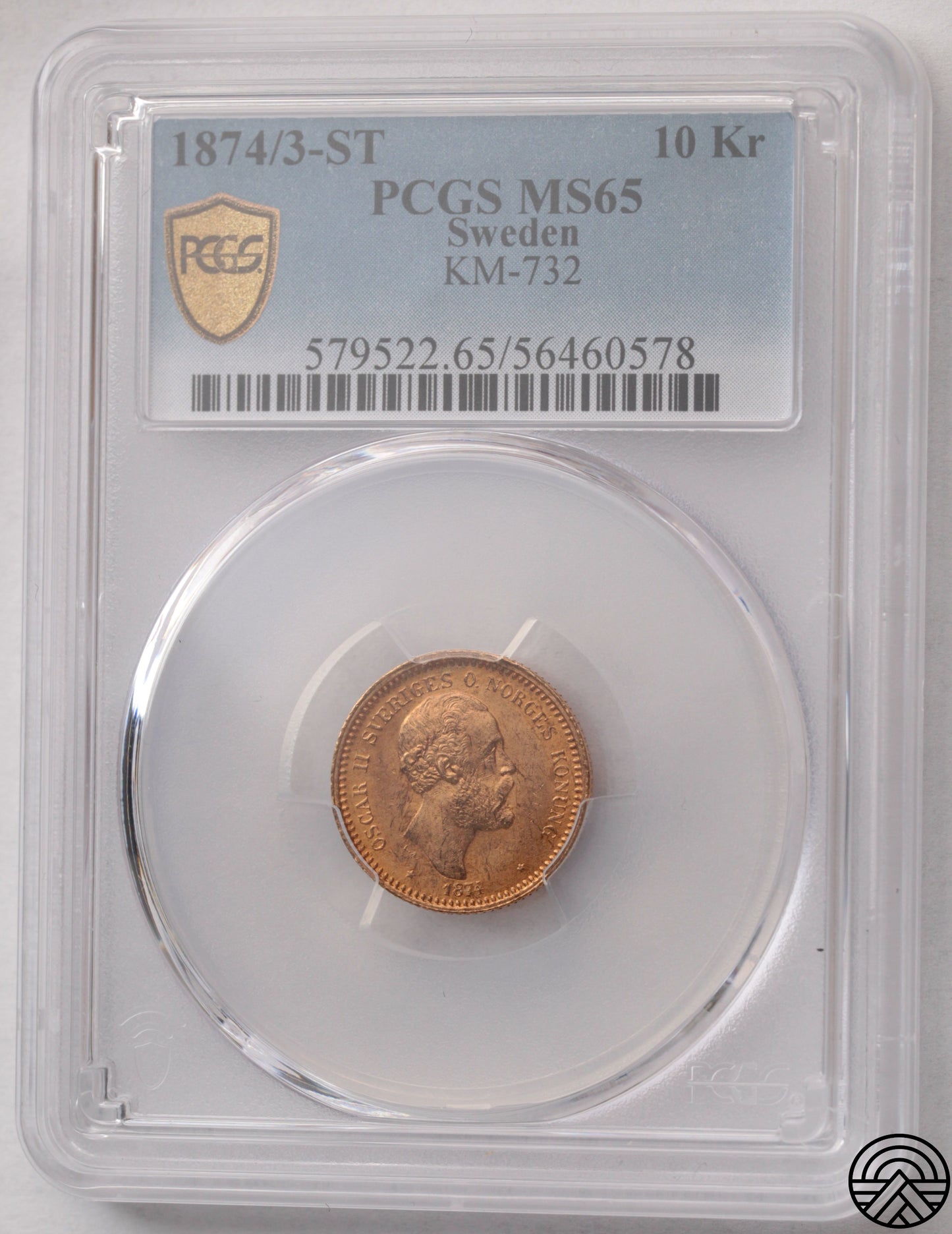 Szwecja, Oskar II, 10 Koron, 1874 r. PCGS MS 65