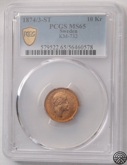Szwecja, Oskar II, 10 Koron, 1874 r. PCGS MS 65