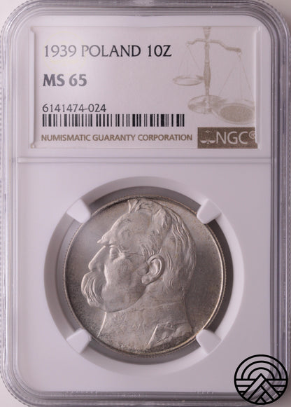 Polska, 10 Złotych, 1939 r. Piłsudski NGC MS 65