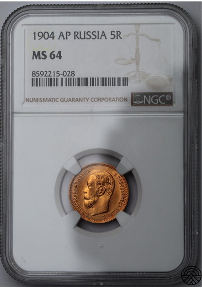 Rosja, Mikołaj II, 5 Rubli, 1904 r. NGC MS 64