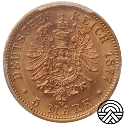 Niemcy, Wirtembergia, 5 Marek, 1877 r. PCGS AU 58