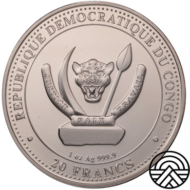 Kongo, 20 Franków, 1 Oz Ag 999, 2020 r. Plezjozaur
