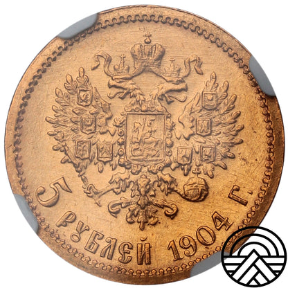 Rosja, Mikołaj II, 5 Rubli, 1904 r. NGC MS 64