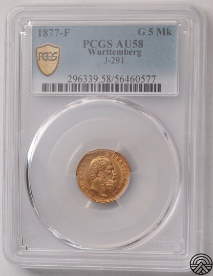 Niemcy, Wirtembergia, 5 Marek, 1877 r. PCGS AU 58