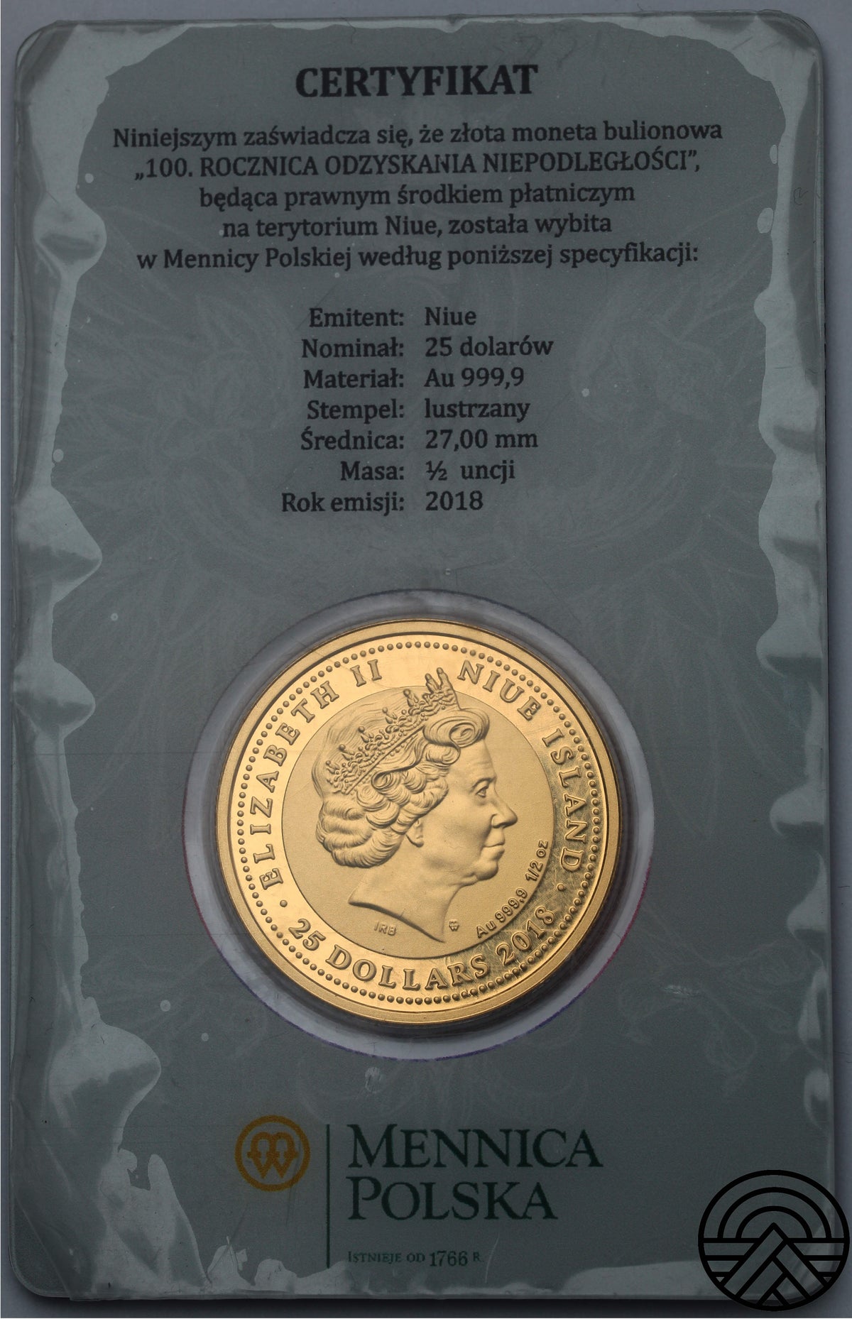 Polska, 25 Dolarów, 2018 r. 1/2 Oz Au 999.9