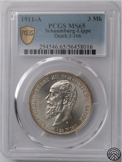 Niemcy, Schaumburg-Lippe, 3 Marki, 1911 r. PCGS MS 65