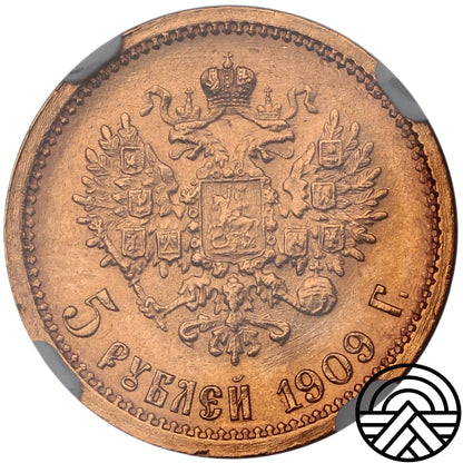 Rosja, Mikołaj II, 5 Rubli, 1909 r. NGC MS 63