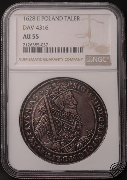 Polska, Zygmunt III Waza, Talar, 1628 r. R5! NGC AU 55