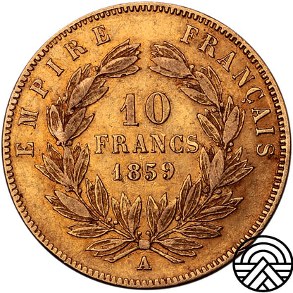 Francja, Napoleon III, 10 Franków, 1859 r. Paryż