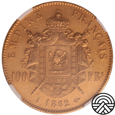 Francja, Napoleon III, 100 Franków, 1862 r. Paryż NGC MS 60