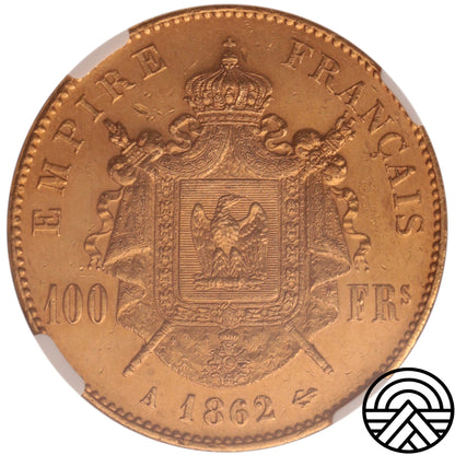 Francja, Napoleon III, 100 Franków, 1862 r. Paryż NGC MS 60