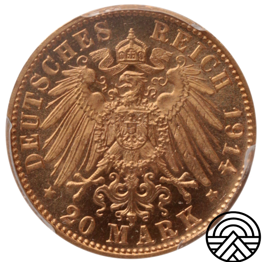 Niemcy, Saksonia, 20 Marek, 1914 r. PCGS MS 64