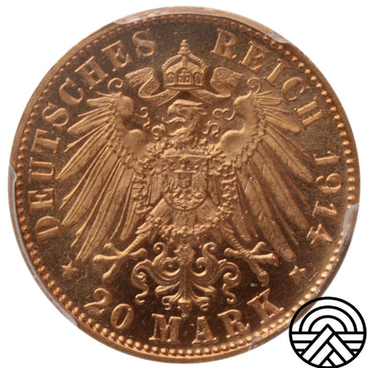 Niemcy, Saksonia, 20 Marek, 1914 r. PCGS MS 64