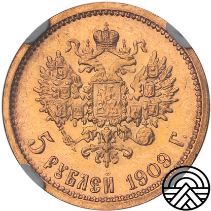Rosja, Mikołaj II, 5 Rubli, 1909 r. NGC MS 64 SUPER!