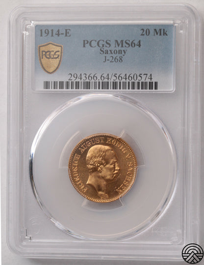 Niemcy, Saksonia, 20 Marek, 1914 r. PCGS MS 64