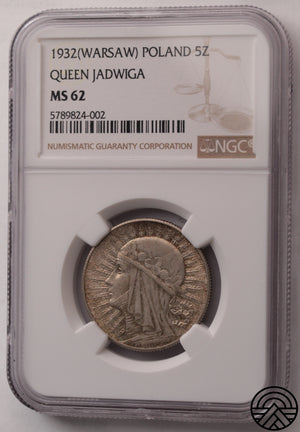 Polska, 5 Złotych, 1932 r. Jadwiga NGC MS 62
