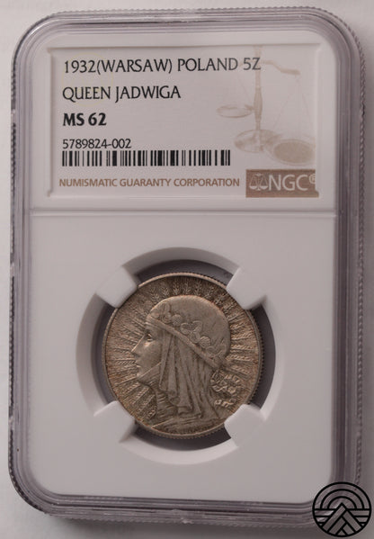 Polska, 5 Złotych, 1932 r. Jadwiga NGC MS 62