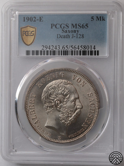 Niemcy, Saksonia, 5 Marek, 1902 r. PCGS MS 65