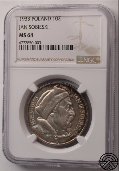 Polska, 10 Złotych, 1933 r. Jan Sobieski NGC MS 64