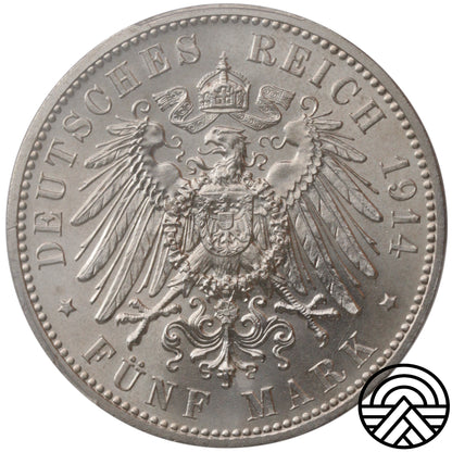 Niemcy, Saksonia, 5 Marek, 1914 r. PCGS MS 64