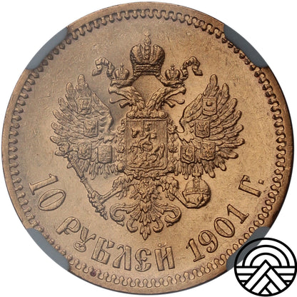 Rosja, Mikołaj II, 10 Rubli, 1901 r. NGC AU 55